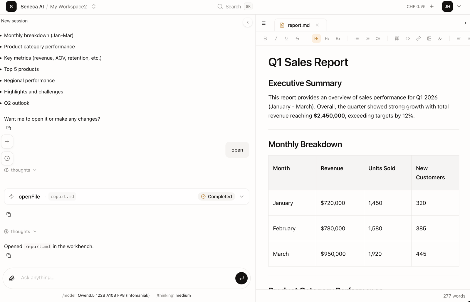 A Seneca agent workspace — chat alongside a workbench with live charts, tables and review